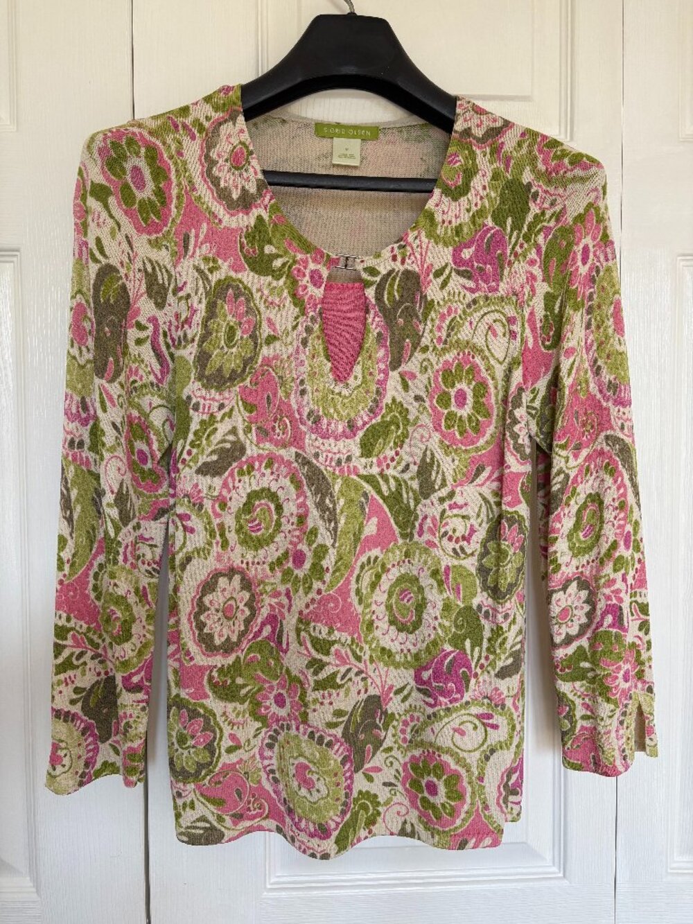 Sigrid Olsen Pink Green Floral Medallion 3/4 Sleeve Top - Size M